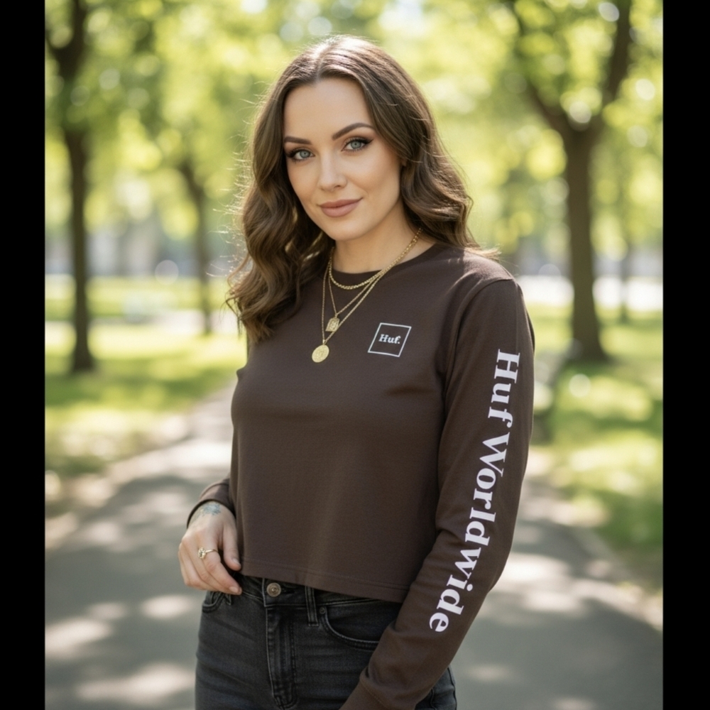 HUF Domestic Crop Tee Brown Long Sleeve 90s Streetwear Ribbed Collar XS NWT - Picture 6 of 10